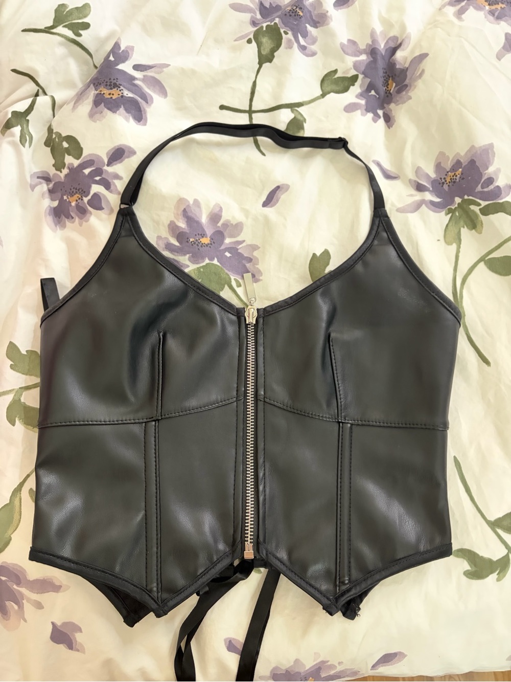Faux Leather Halter Zip-Front Crop Top in Black